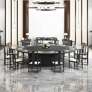 新中式 酒店电动餐桌大圆桌20人民宿会所包厢自动转盘圆桌实木家具