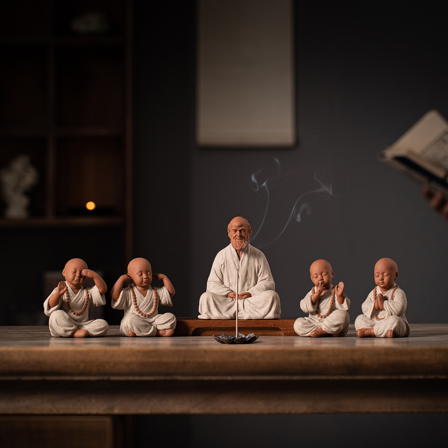 复古禅意紫砂坐禅达摩陶瓷摆件家用客厅茶桌四不小和尚茶宠装饰品