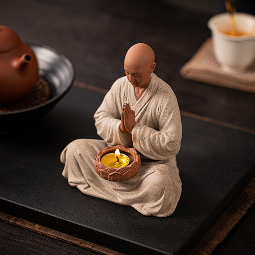 新中式禅意小和尚紫砂酥油灯摆件