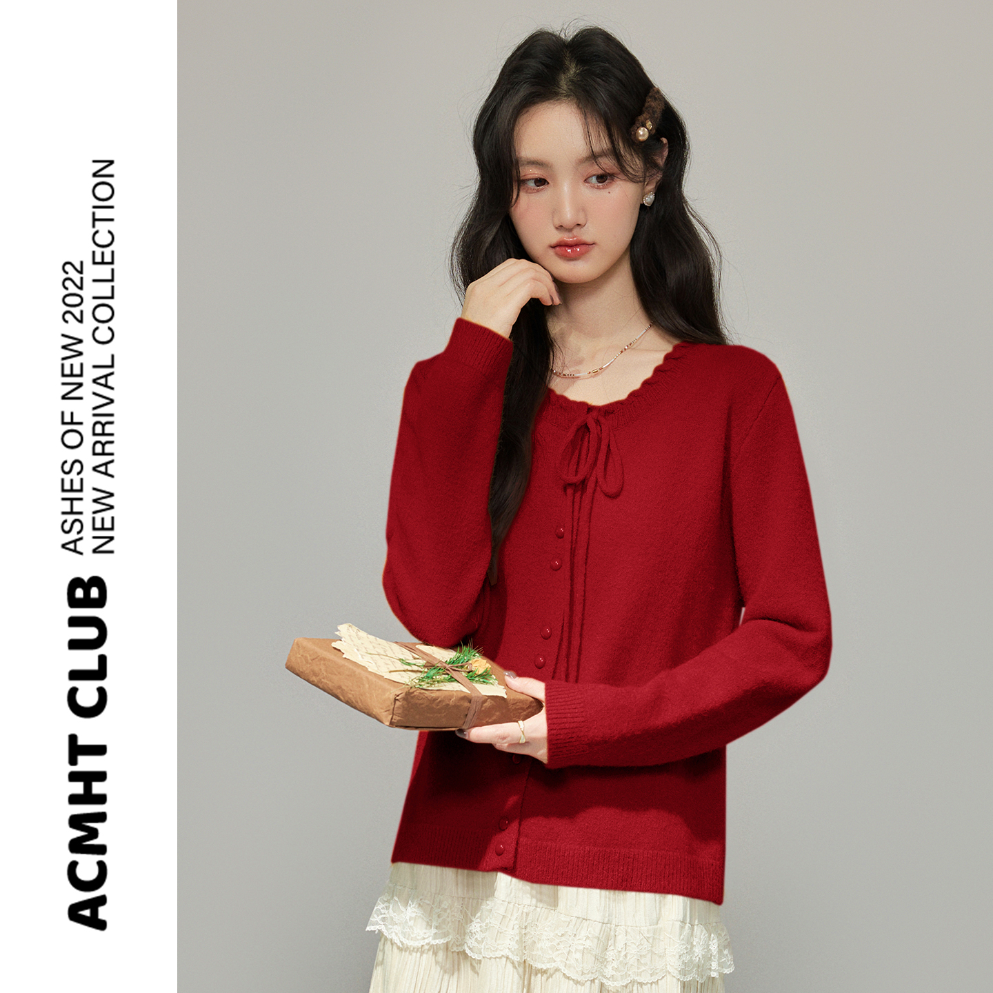韩系复古红色圆领毛衣外套女秋季新款慵懒风宽松显瘦针织开衫上衣