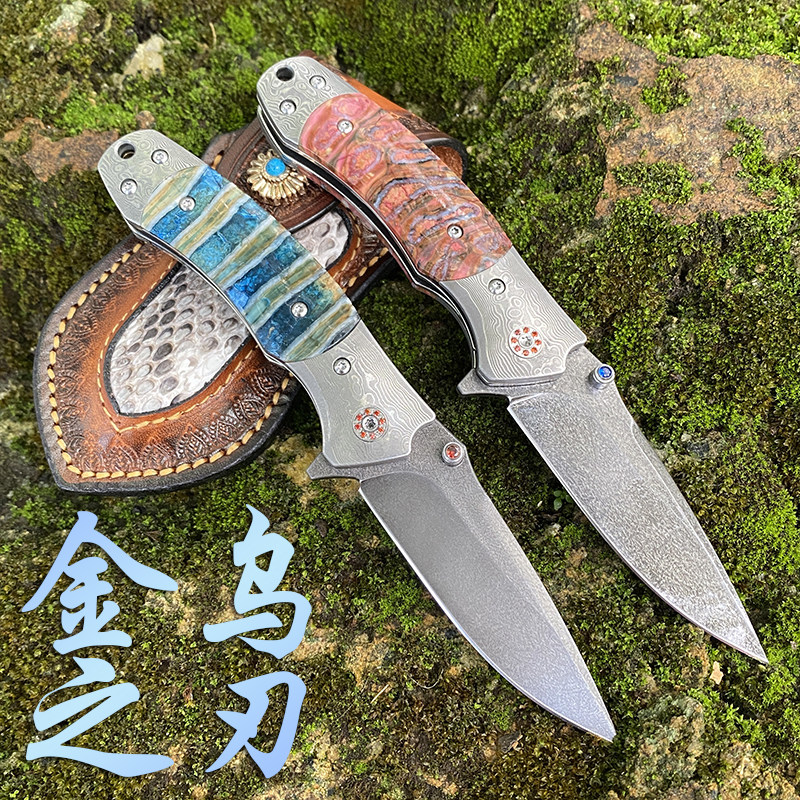 新款乌兹钢刃材精致高端手柄宝石镶嵌工艺折刀高端