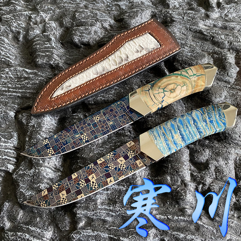 新款瑞典大马士革钢烤蓝工艺马赛克纹精美纹理高硬度锋利收藏把玩