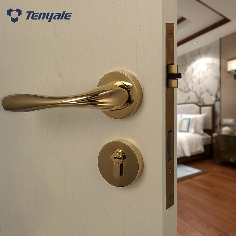 天宇法式轻奢磁吸静音卧室分体木门锁房间金色通用型室内厚门把手