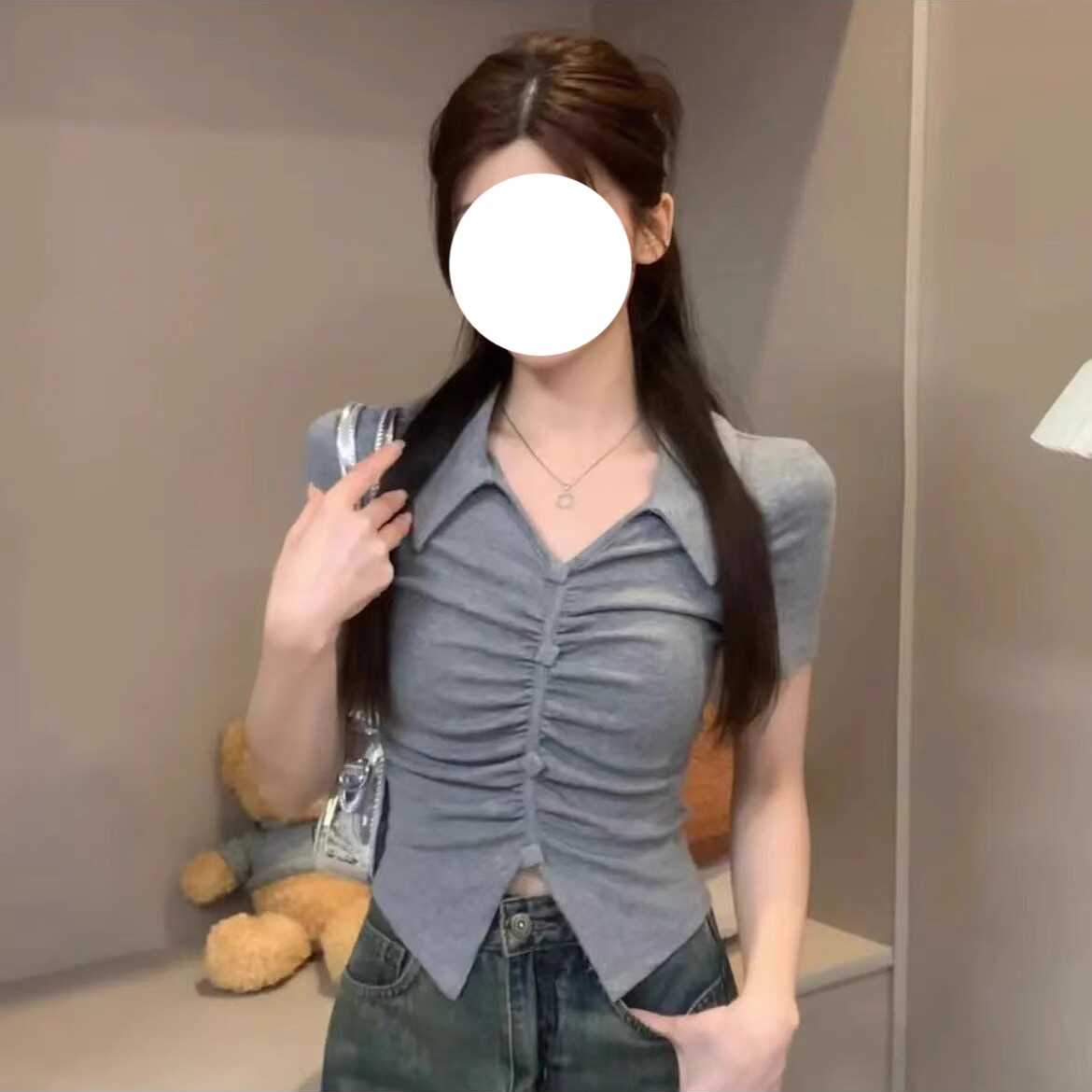 大码胖mm收腰褶皱polo领短袖T恤女夏季不规则修身显瘦正肩上衣潮