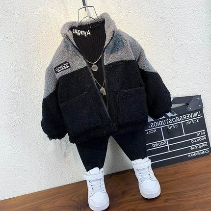 男童~加绒外套秋冬洋派2023b年新款宝宝冬装羊羔毛衣服儿童加厚棉