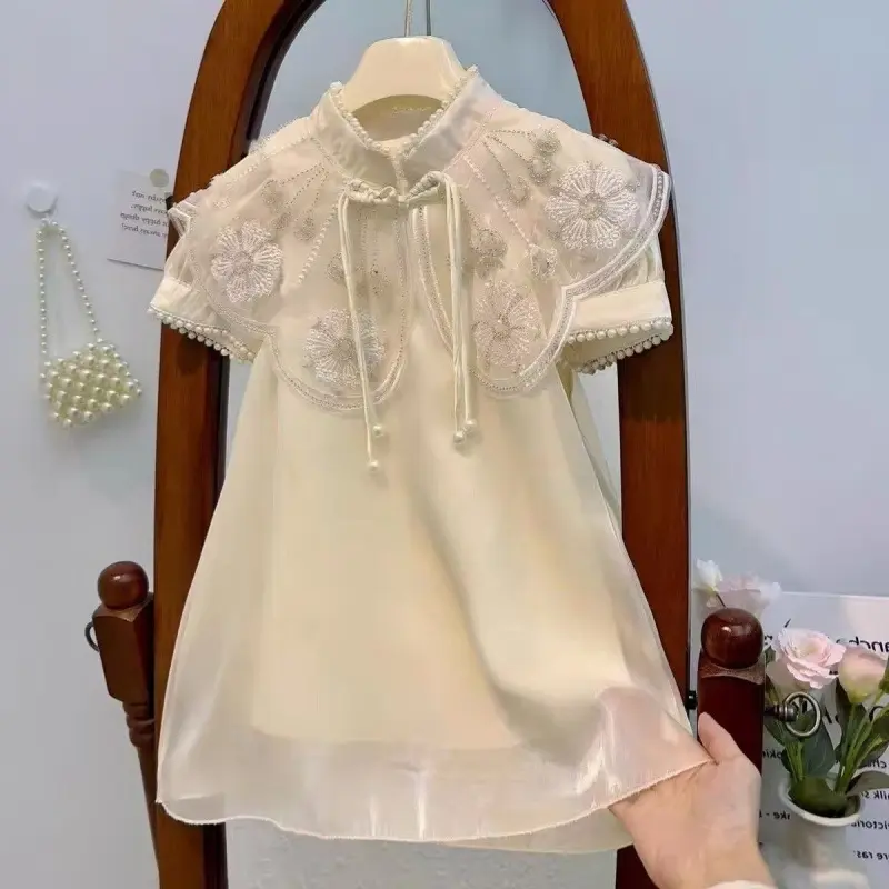 女.童夏季国风公主连衣裙新中式夏装旗袍女孩汉服高档重工珍珠裙