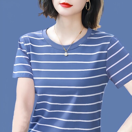 纯棉妈妈短袖女t恤上衣2026年夏季新款宽松圆领半袖条纹洋气小衫