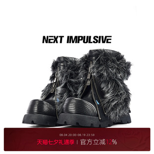 NEXT IMPULSIVE下一个冲动黑色时尚雪地靴厚底增高女毛毛大头靴子