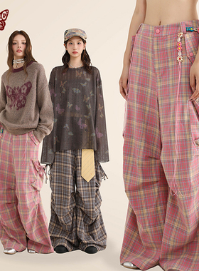 KBLC三色压褶口袋工装格子裤休闲阔腿拖地伞兵长裤