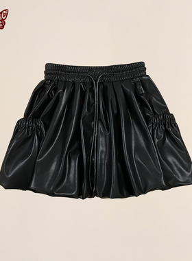 KBLC24秋冬复古pu皮短裙松紧腰防走光南瓜裙百搭黑色半裙