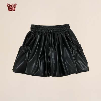 KBLC24秋冬复古pu皮短裙松紧腰防走光南瓜裙百搭黑色半裙