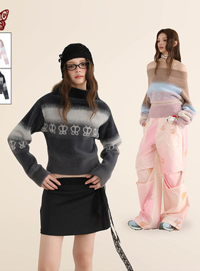 KBLC24AW秋冬露肩立领两穿仿貂毛韩系辣蝴蝶渐变毛衣百搭休闲