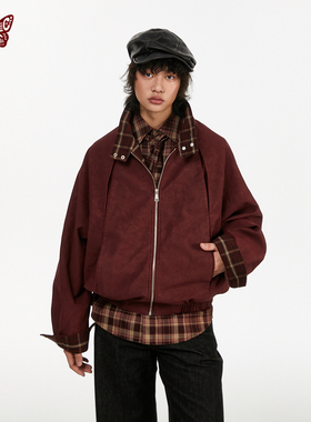Kblc复古暗红色立领格子拼接斜纹环保PU褪色洗水中性款哈灵顿夹克