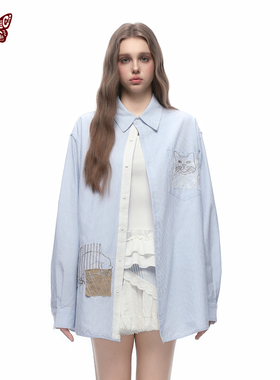 KBLC25春夏全棉蓝白条纹撞色蕾丝小猫图案贴布绣趣味长袖防晒衬衫