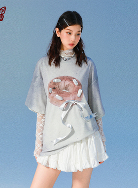 kblc25夏季新款贝果印花宽松短袖t恤女款原创潮牌宽松蝴蝶飘带