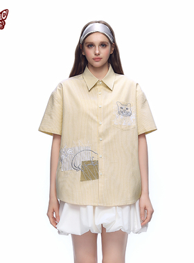 KBLC25春夏全棉蓝黄条纹撞色蕾丝小猫贴布绣趣味短袖宽松情侣衬衫
