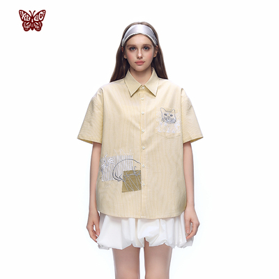 KBLC25春夏全棉蓝黄条纹撞色蕾丝小猫贴布绣趣味短袖宽松情侣衬衫