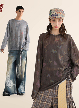 KBLC 24AW设计感满印蝴蝶印花长袖罩衫女新款圆领休闲针织长袖t恤