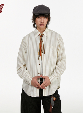 kblc秋冬泡泡纱复古色织条纹中性款长袖oversize大翻领衬衫百搭