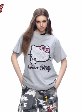 KBLC25春夏基础恶搞摇滚蕾丝猫印花搞笑情侣索罗纳凉感短袖T恤
