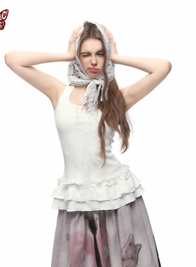 kblc25春夏基础白色双层木耳花边甜酷显瘦遮副乳罗纹工字背心吊带