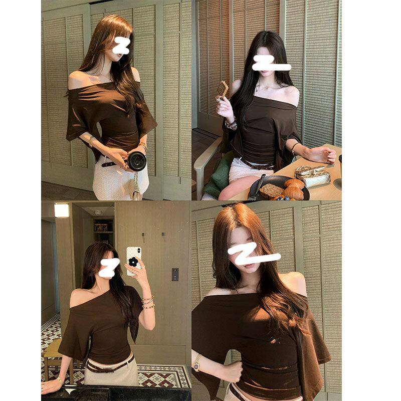 HAMYIHO 莱赛尔天丝一字肩斜肩蝙蝠袖t恤女夏季修身显瘦露肩上衣