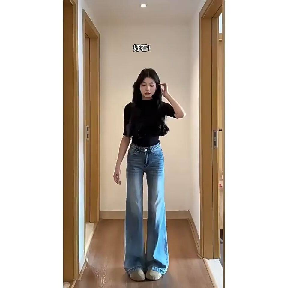 浅蓝色不贴腿微喇牛仔裤女2026新款夏季薄款高腰垂感小个子直筒裤