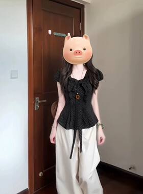 法式复古波点蝴蝶结系带短袖衬衫女夏季新款高腰阔腿长裤子两件套