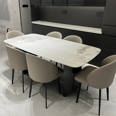 轻奢进口亮光岩板餐桌椅子组合家用小户型现代简约客厅意式极简桌