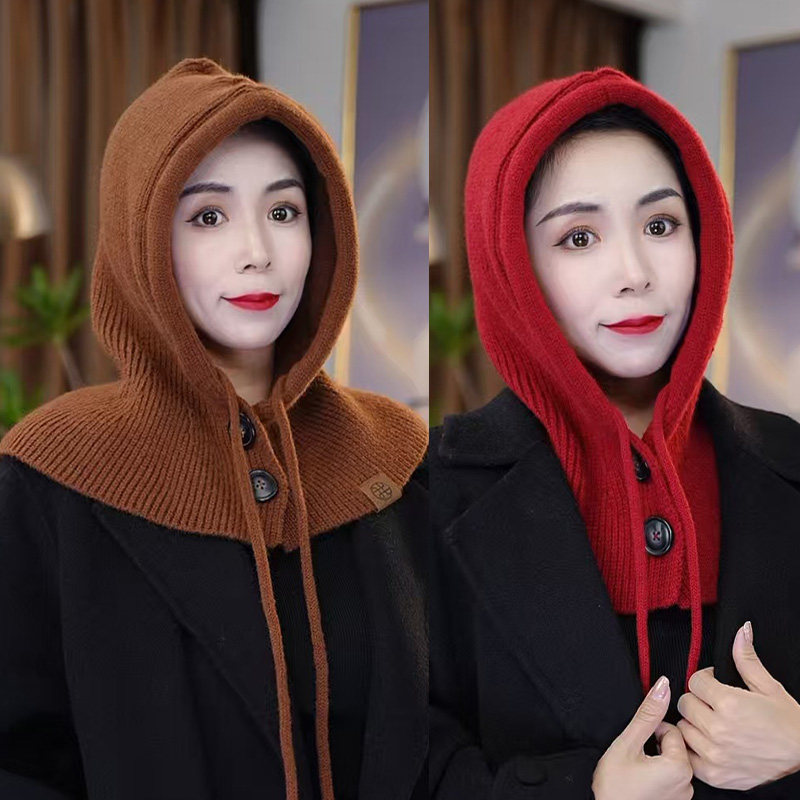 秋冬加厚保暖针织帽子围脖一体女