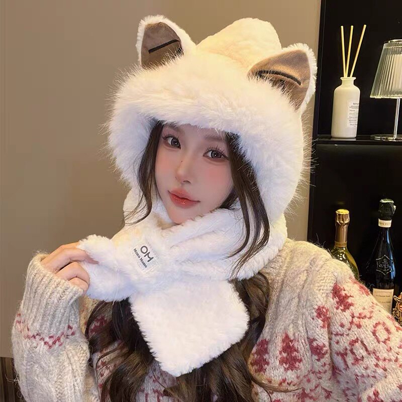 秋冬毛绒猫耳护耳围脖一体保暖帽