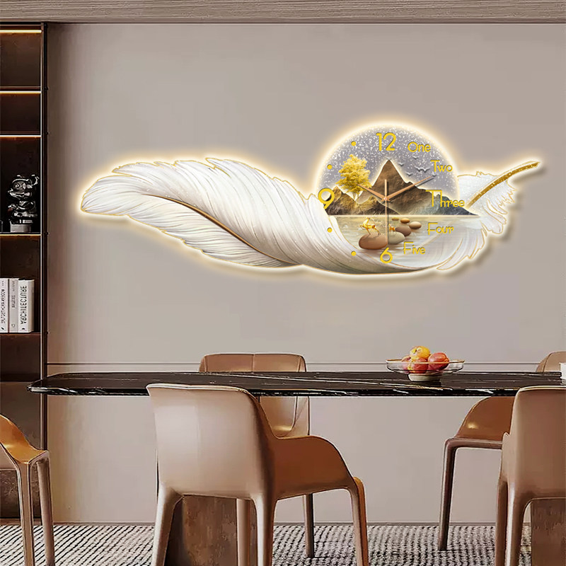 高宅轻奢卧室大气羽毛装饰画静音挂钟家用客厅现代简约带灯装饰钟