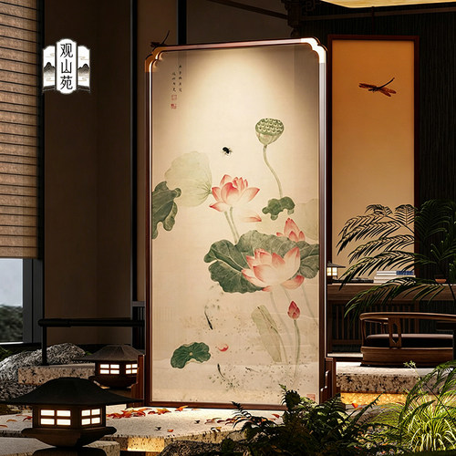 宋式美学实木屏风荷花刺绣移动座屏隔断客厅玄关入户茶室家用新款