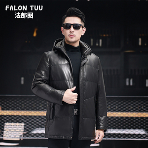 新款海宁真皮皮衣男羽绒服头层山羊皮中长款可脱卸帽鸭绒保暖外套