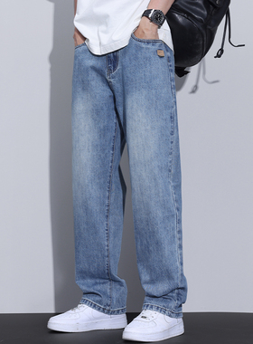 Kuvine春夏季宽松阔腿水洗浅蓝色牛仔裤男美式复古高街vibe直筒裤
