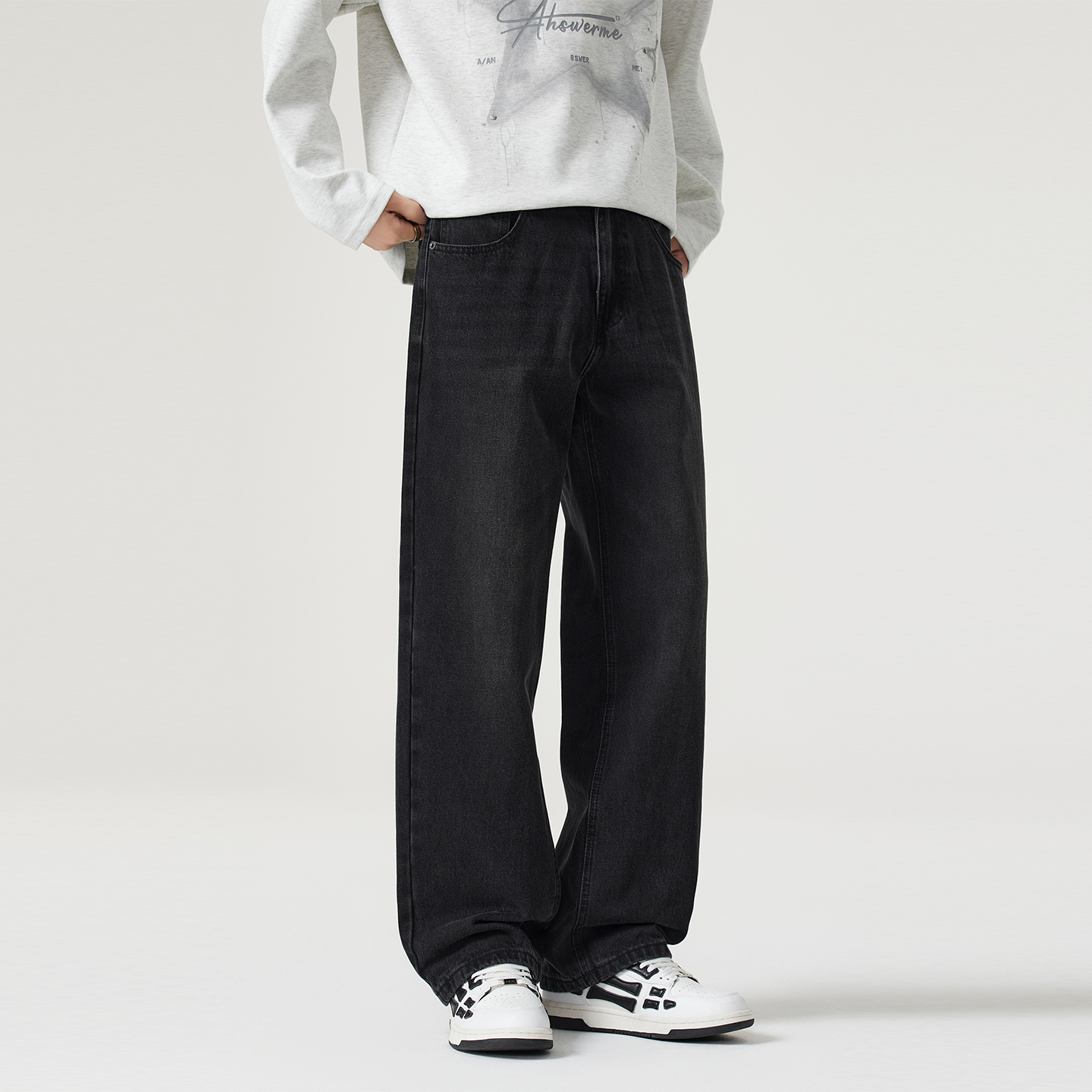 Kuvine高街黑色牛仔裤男