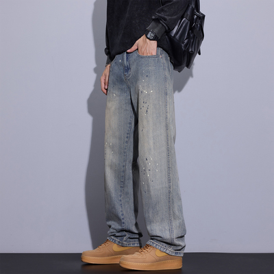 Kuvine设计感美式复古泼墨牛仔裤