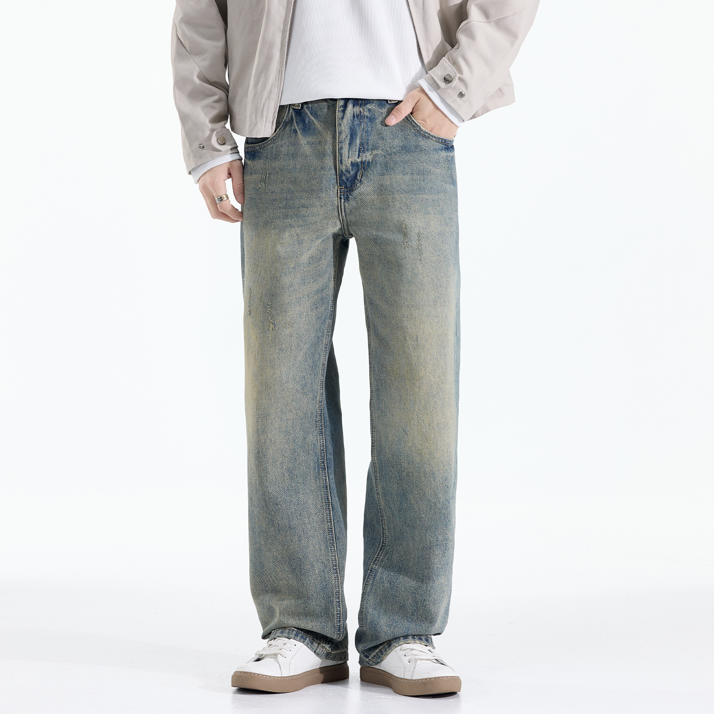 Kuvine2025秋冬新款水洗刮烂宽松直筒复古做旧美式纯棉男士牛仔裤