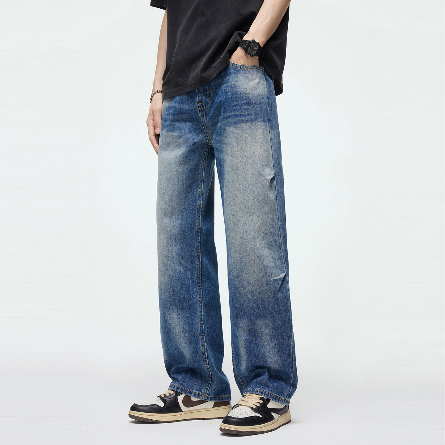 Kuvine褶皱牛仔裤男宽松直筒潮牌2026春季新款复古美式高街长裤子,男装,牛仔裤,淘宝优惠券,粉丝福利购,淘宝优惠卷