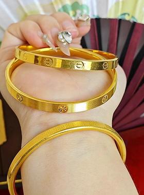 黄金手镯金包银女网红卡家金手镯一字纹拉丝闭口镯子金店同款送礼