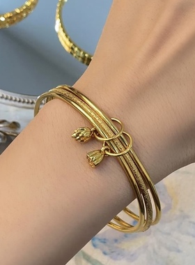 金包银三生三世手镯莲蓬手镯实心素圈女士三圈叠戴叮当镯999足金