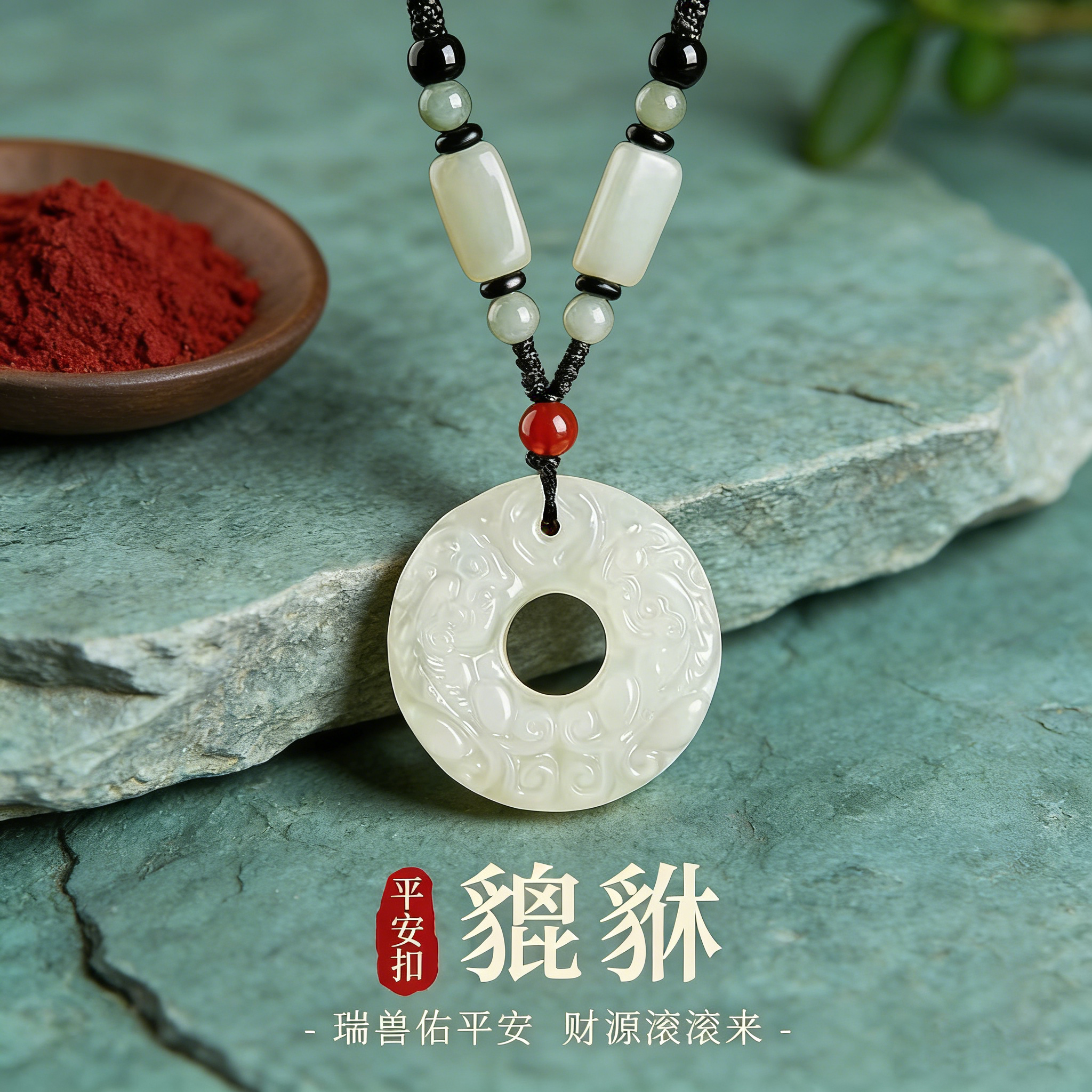正品天然和田玉平安扣吊坠属马本命年双面貔貅护身符挂件玉石玉坠