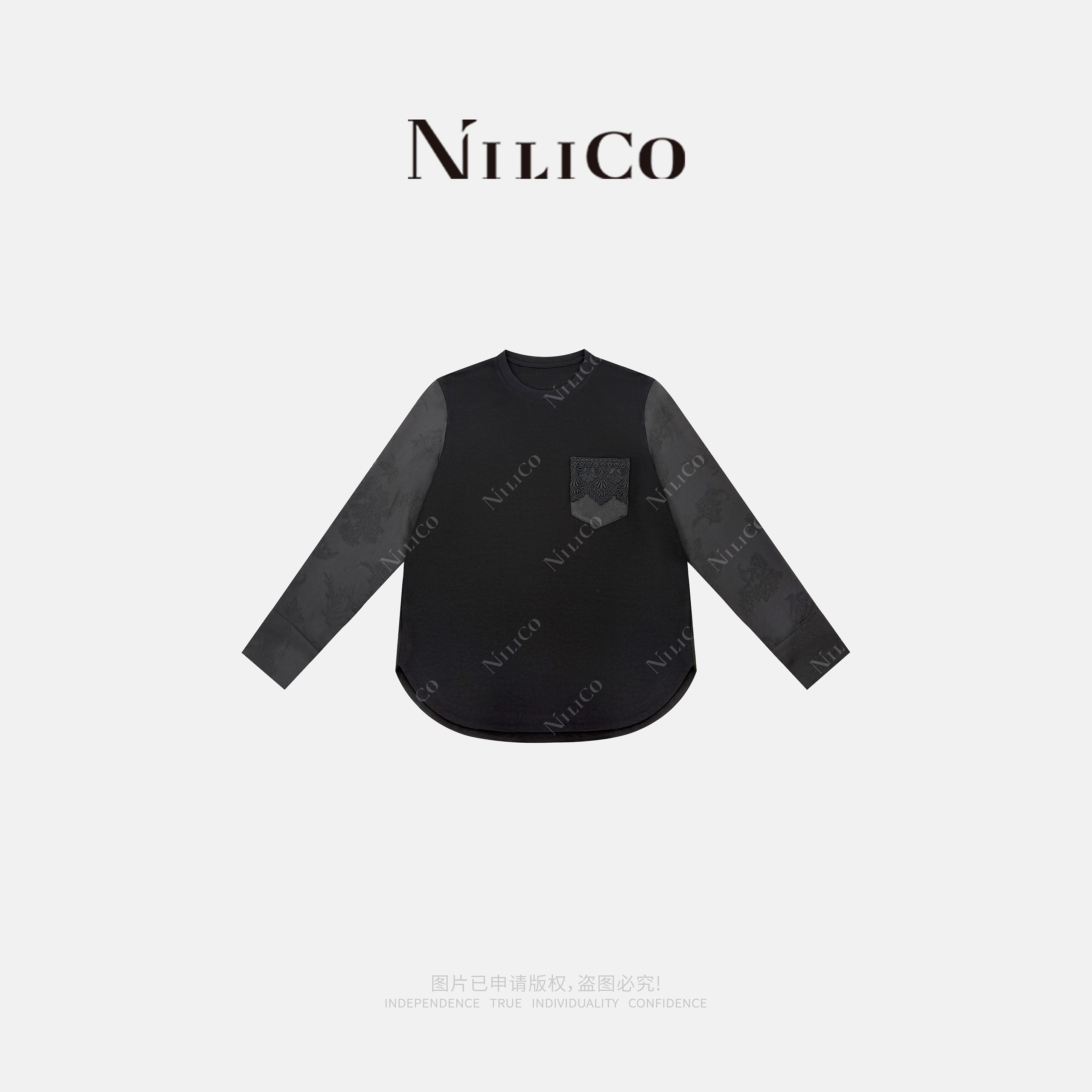 NILICO陈媚【暗缕花袋】国风下摆圆领袖子拼接面料口袋贴花边上衣