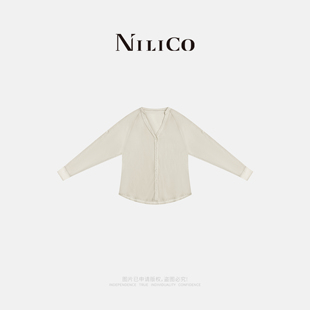 女春时尚 进口亚麻简约V领衬衫 欧若风上衣 焕然一新 NILICO陈媚