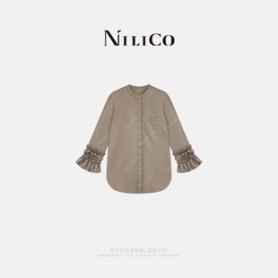 宽松上衣女春纯棉立领衬衫 NILICO陈媚 微喇长袖 荷叶袖 晨雾诗篇