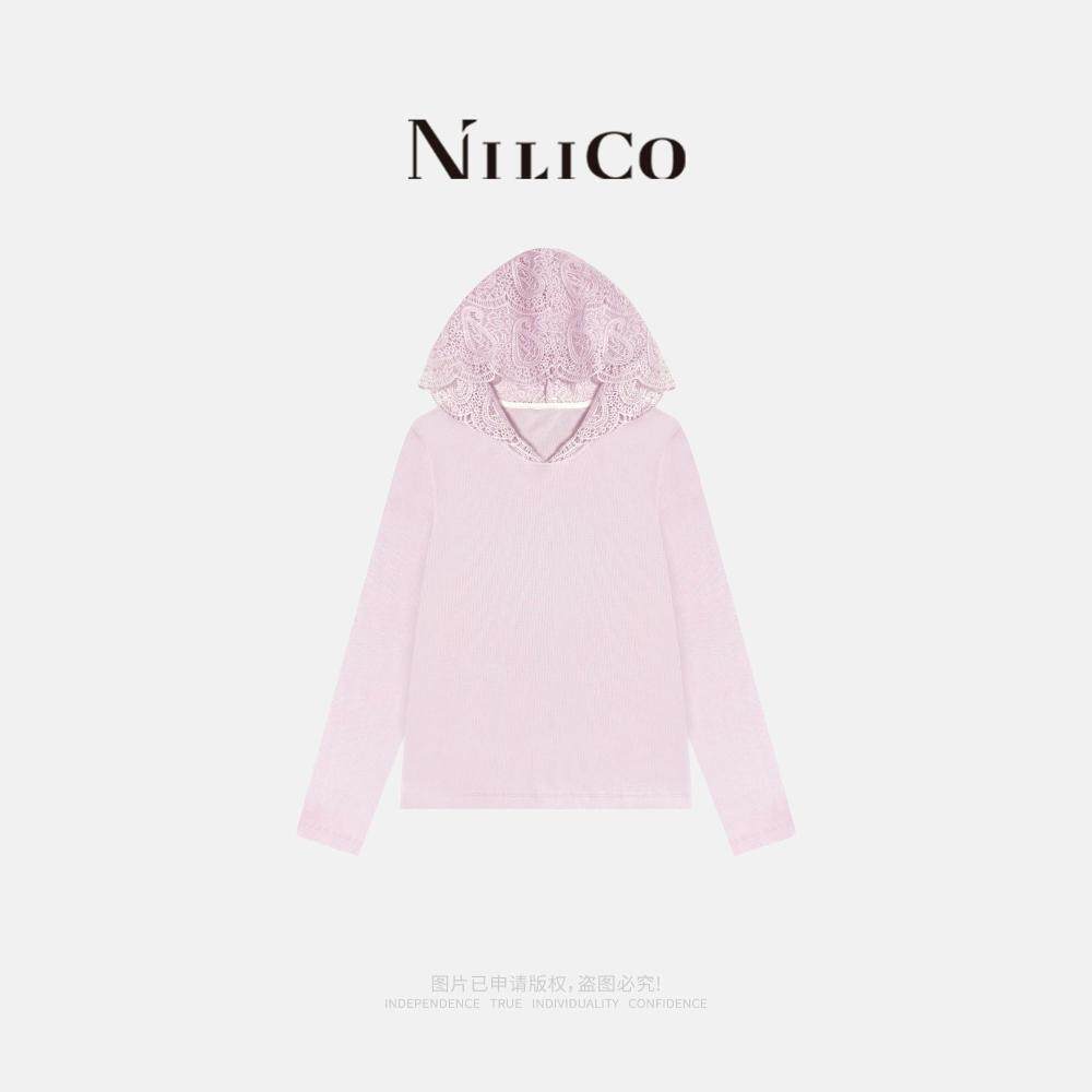 NILICO陈媚【兰心】针织拼接蕾丝精致连帽卫衣女夏季慵懒套头上衣
