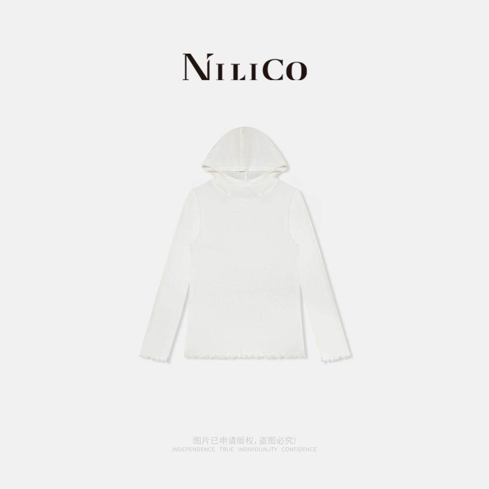 NILICO陈媚【柔境】天丝羊毛坑条长袖连帽卫衣白色宽松薄款上衣女