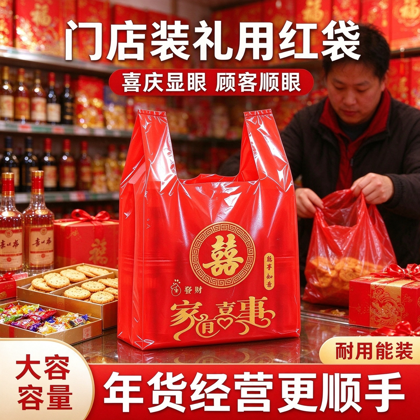 过年礼盒配套喜庆背心塑料袋副食商行批量拿货加厚商用红手提礼袋