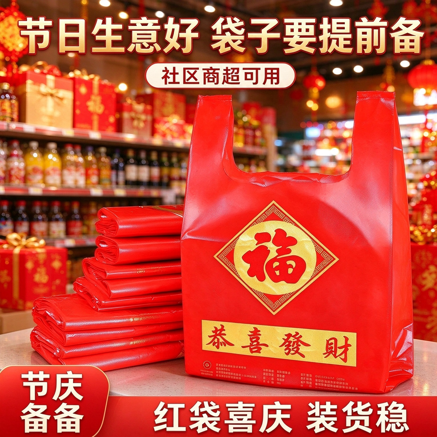 福字红背心袋社区便利店门店备货烟酒零售商用餐饮外卖打包塑料袋