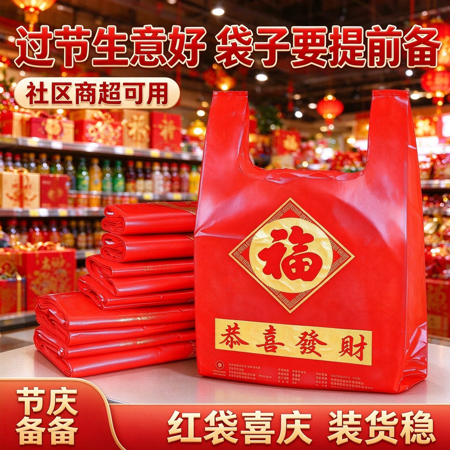 红色福款购物塑料袋小卖部商用备货袋副食店零售加厚打包袋背心袋